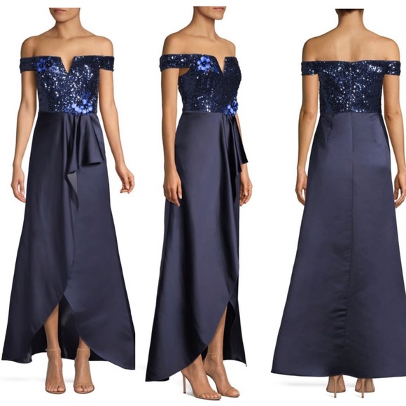 Aidan Mattox off shoulder beaded jewels bodice shamus long gown